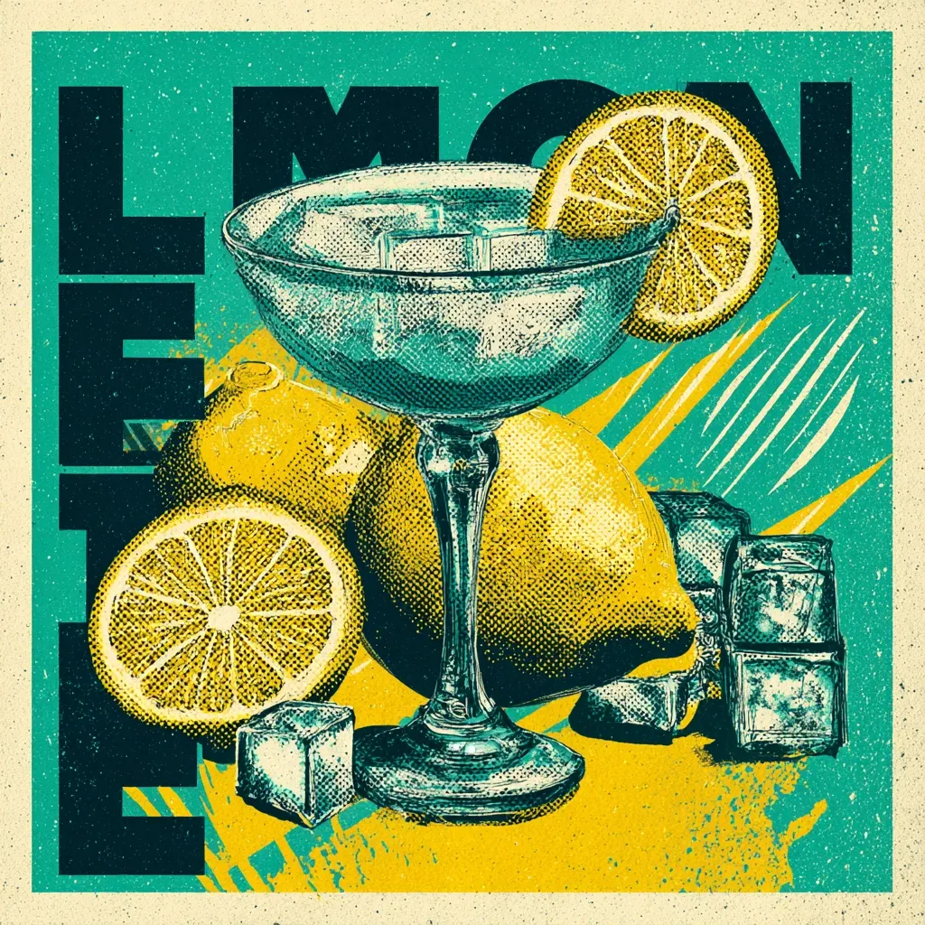 A vibrant retro-style illustration showcases a cocktail glass filled with ice, garnished with a lemon wedge.  Surrounding the glass are whole lemons and lemon slices, rendered in a halftone style. The word "LEMON" is prominently displayed in bold, stylized lettering against a teal background.  The overall aesthetic is reminiscent of vintage print advertising, with a textured, slightly gritty effect.