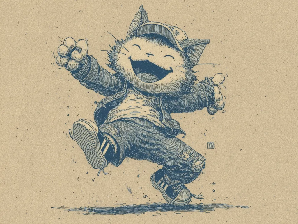A joyful, anthropomorphic cat, wearing a cap and ripped jeans, leaps through the air with arms outstretched.  The detailed ink drawing, rendered in shades of blue on a beige background, captures the cat's exuberant expression and dynamic movement.  The style is reminiscent of vintage illustration or graphic novel art.