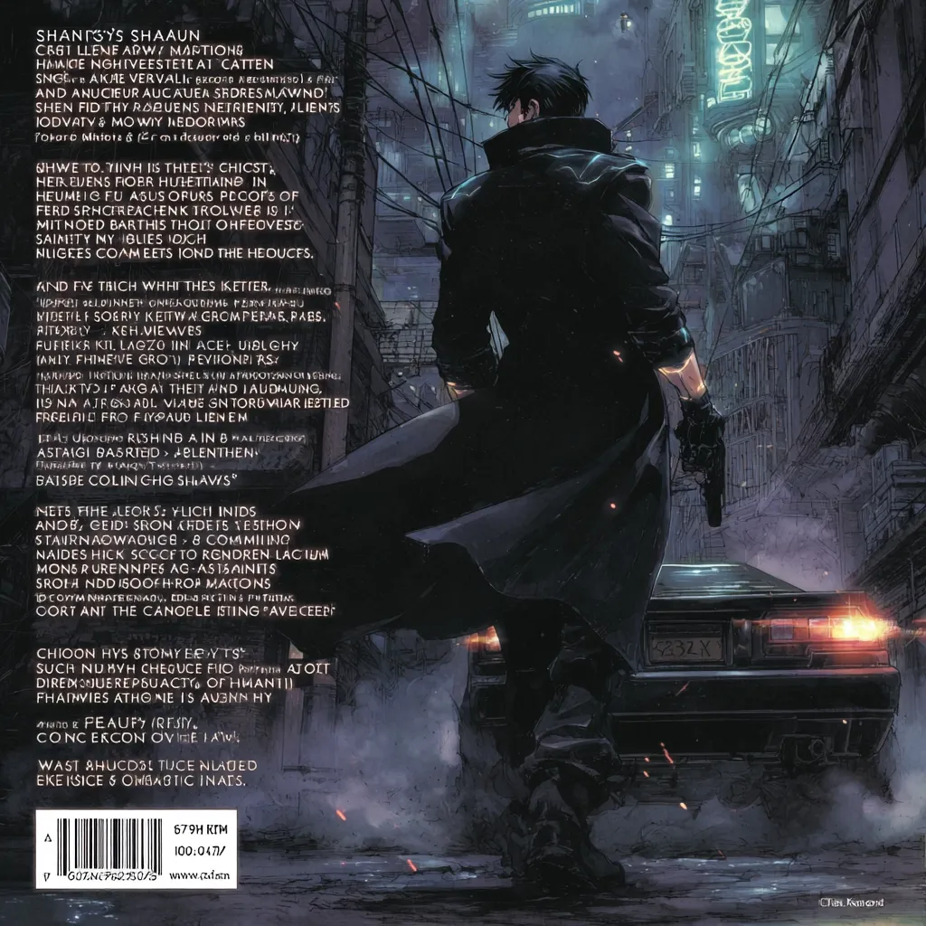 A lone figure in a long dark coat stands in a futuristic, dimly lit city street, his back to the viewer.  He holds a gun, and a dark car sits behind him. The scene is rendered in a dark, gritty style, suggesting a cyberpunk or noir atmosphere.  The background features towering buildings and neon lights. The overall mood is mysterious and suspenseful.
