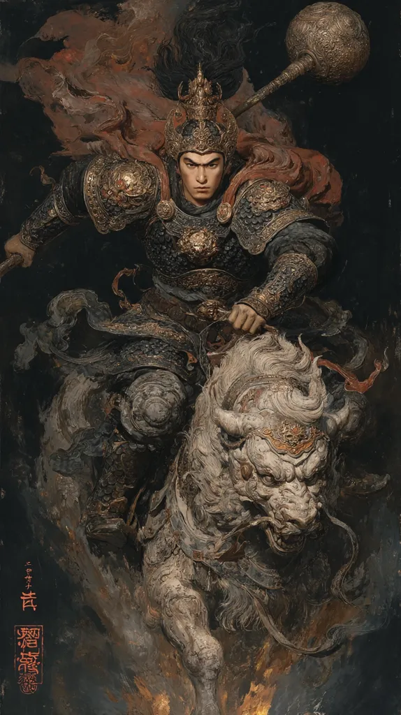 A dramatic painting depicts a warrior, adorned in ornate gold and black armor, astride a mythical beast.  The warrior holds a large, ornate mace.  The style is dark and richly textured, with a focus on detail in the armor and the creature's form.  The background suggests a fiery or smoky atmosphere, adding to the intense mood.  The overall impression is one of power and mythical grandeur.