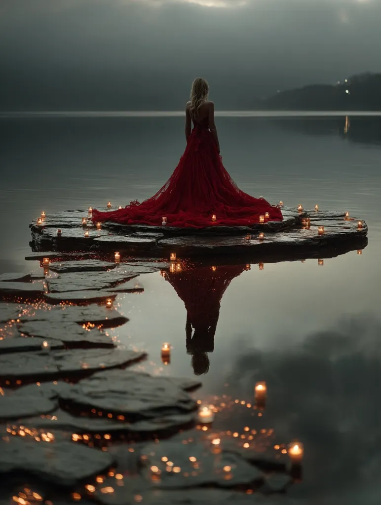 A woman in a long red gown stands on a small, rock island in a calm lake at dusk.  She faces away from the camera, her back to the viewer.  Numerous small candles are lit around her on the rocks, their light reflected in the still water.  The scene is serene and atmospheric, evoking a sense of mystery and solitude.  Her reflection is visible in the lake's surface, mirroring her pose and the candlelight.