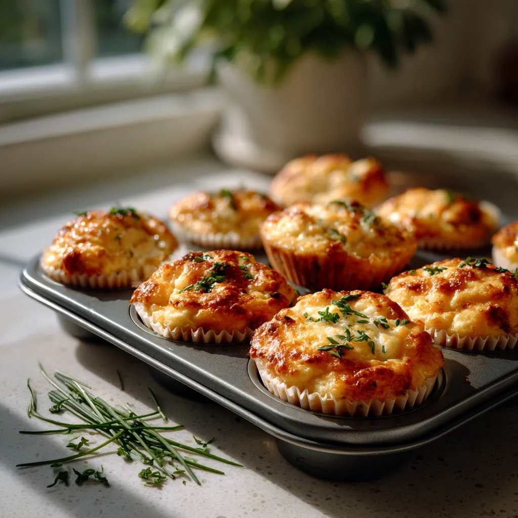 A dark gray muffin tin holds golden-brown savory muffins, topped with fresh chives.  The muffins, likely cheese or egg-based, are baked to a light crisp.  They sit on a bright countertop, bathed in sunlight, with a blurred potted plant in the background.  The scene evokes a feeling of warmth and homemade goodness.