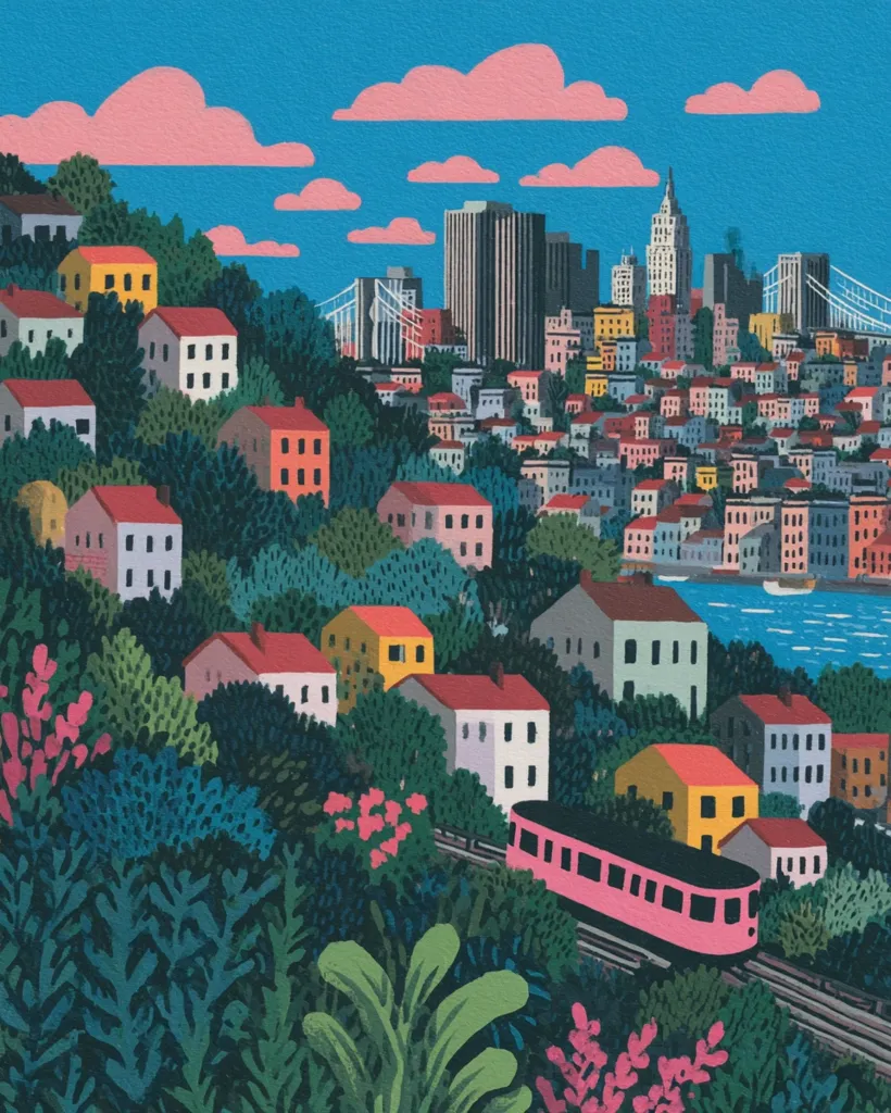 A vibrant illustration depicts a hillside town nestled beneath a city skyline.  Colorful houses cascade down the green slopes, punctuated by lush foliage. A pink train travels along a track winding through the vibrant landscape.  In the distance, a city with skyscrapers and a bridge is visible under a pastel sky with fluffy clouds. The overall style is bold and stylized, reminiscent of mid-century modern design.