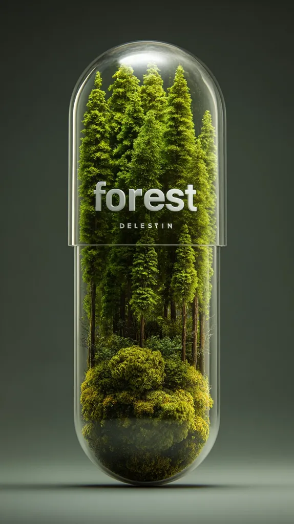 A transparent capsule contains a miniature forest.  Green trees and moss fill the capsule, creating a vibrant, enclosed ecosystem.  The word "forest" is printed on the capsule, along with the smaller text "DELESTIN," suggesting a brand or product related to nature or environmental conservation. The image is set against a muted green background, enhancing the capsule's visual impact.
