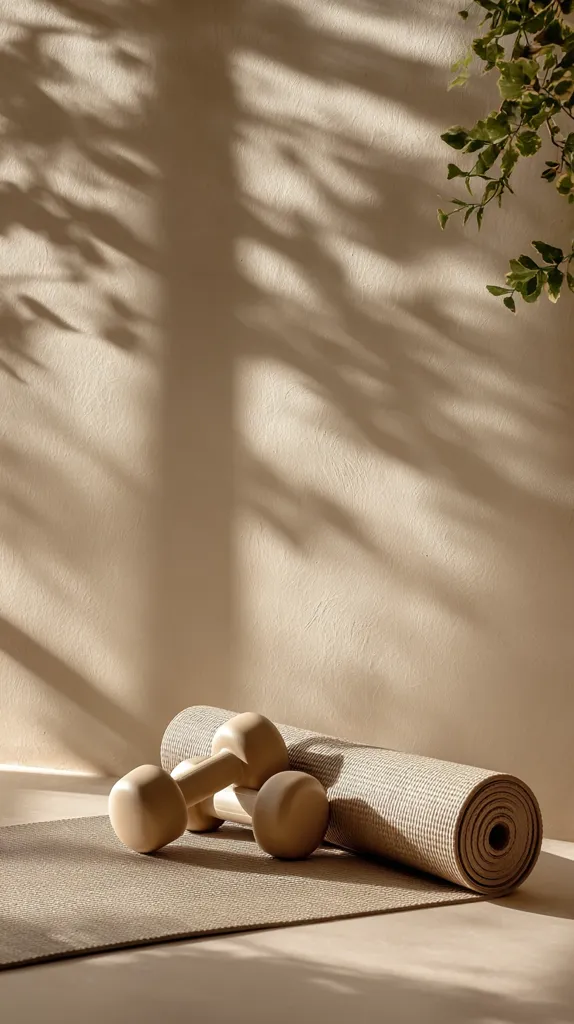 A pair of light beige dumbbells rests on a rolled-up yoga mat.  The scene is bathed in soft, natural light creating dappled shadows on a neutral-toned wall.  A portion of a leafy green plant is visible in the upper right corner, adding a touch of nature to the minimalist, calming atmosphere. The overall aesthetic is serene and evokes a sense of wellness and tranquility.