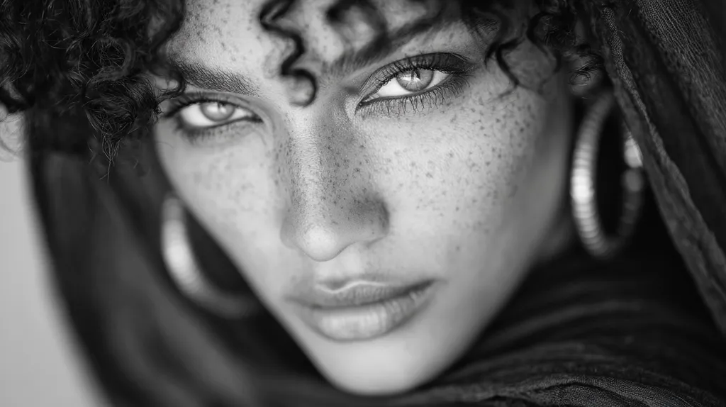 A close-up black and white portrait of a woman with curly hair and freckles.  Her intense gaze is directed towards the viewer. She wears large hoop earrings and a dark, draped fabric that partially obscures her face, adding a sense of mystery and intrigue. The image emphasizes texture and contrast, highlighting the details of her skin and hair.