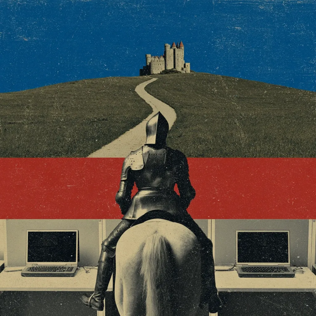 A knight in full armor sits astride a horse, facing a winding path leading to a medieval castle perched atop a hill.  The scene is a surreal juxtaposition of the ancient and modern, with two laptops positioned on desks flanking the knight.  The overall tone is evocative of a journey or quest, possibly suggesting a clash between tradition and technology.  The color palette is muted, with deep blues, reds, and greens dominating the composition.
