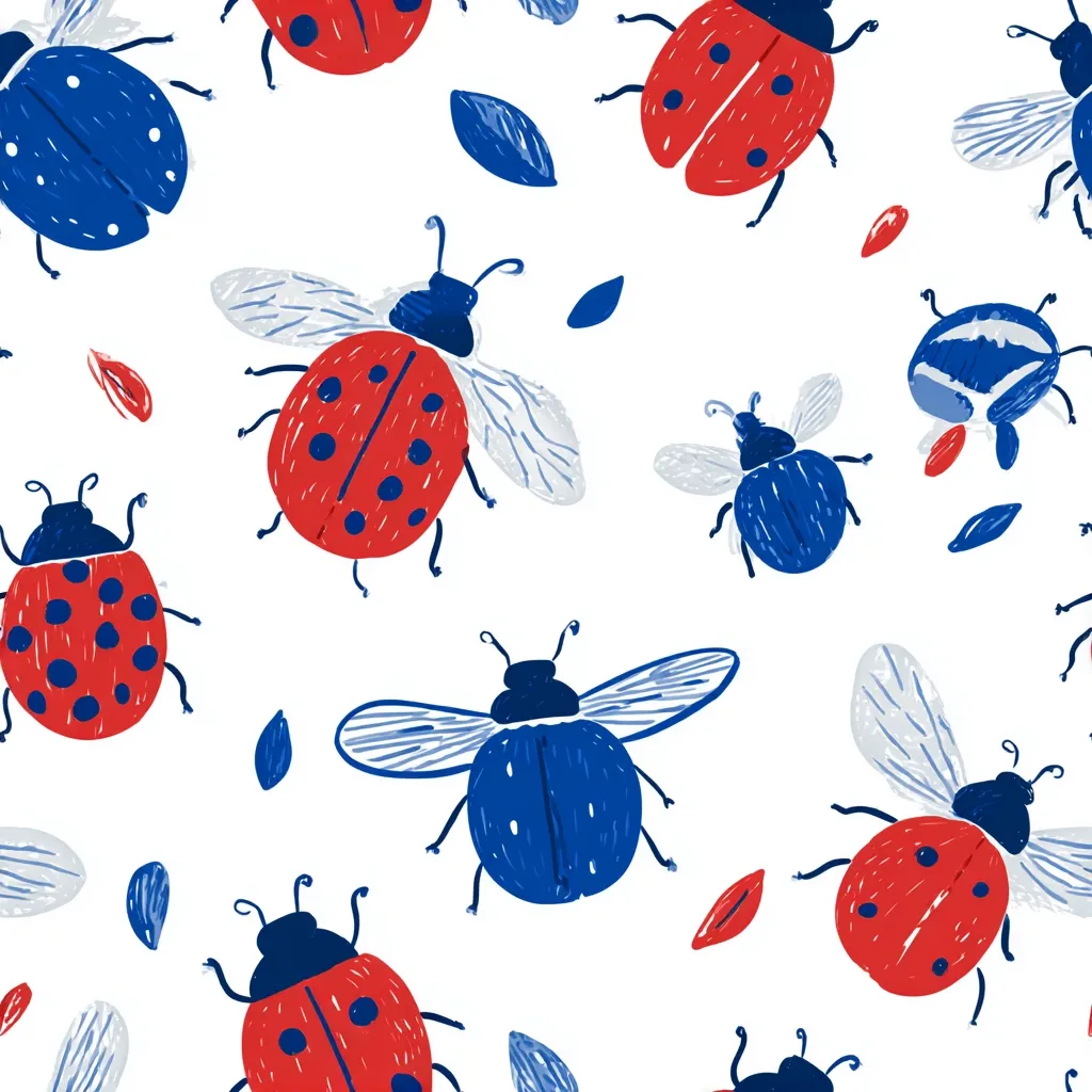 A seamless pattern features red and blue ladybugs with varying wing designs on a white background. Some ladybugs have wings, while others are wingless.  Small, leaf-like shapes are scattered throughout the design, creating a playful and whimsical illustration.  The ladybugs are drawn in a childlike, slightly uneven style, adding to their charm.