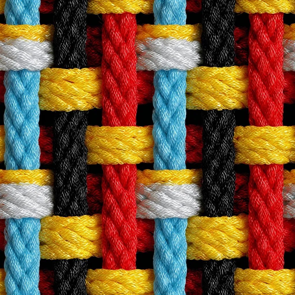 A close-up shot reveals a tightly woven textile, featuring vibrant colored ropes in red, yellow, black, white, and light blue.  The ropes are interwoven in a distinct over-under pattern, creating a grid-like structure. The texture is dense and the colors are saturated, offering a striking visual contrast. The image suggests a strong, possibly durable fabric.