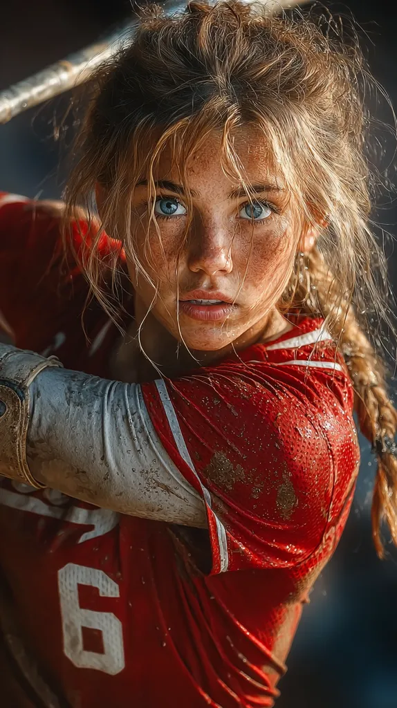 A close-up shot portrays a young woman, her face speckled with dirt, intensely focused.  Her blonde hair is windswept, and she's clad in a mud-splattered red jersey with the number six prominently displayed.  The image suggests a powerful athleticism, possibly baseball or softball, captured in a moment of fierce concentration.  The overall mood is gritty and determined.