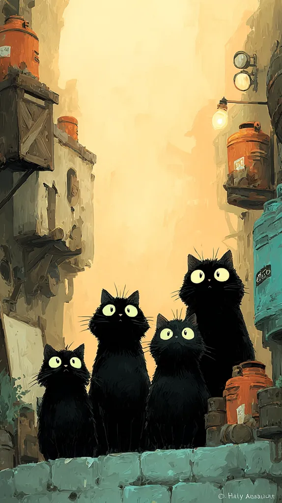 Four black cats with large, expressive eyes sit on a low wall in a quaint, aged alleyway.  The alley is filled with old buildings and rusty, orange containers.  A soft, yellowish light illuminates the scene, creating a warm, nostalgic atmosphere. The cats appear curious, gazing upward, adding a whimsical touch to the urban setting.
