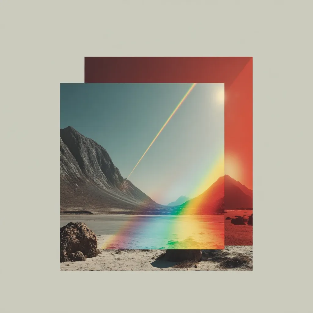 A surreal landscape photograph is presented within layered, geometric frames.  A vibrant rainbow-like effect emanates from a bright sun, stretching across a serene body of water nestled between imposing mountains. The overall aesthetic blends natural beauty with a digitally manipulated, dreamlike quality.  The color palette is muted, contrasting with the intense vibrancy of the rainbow.