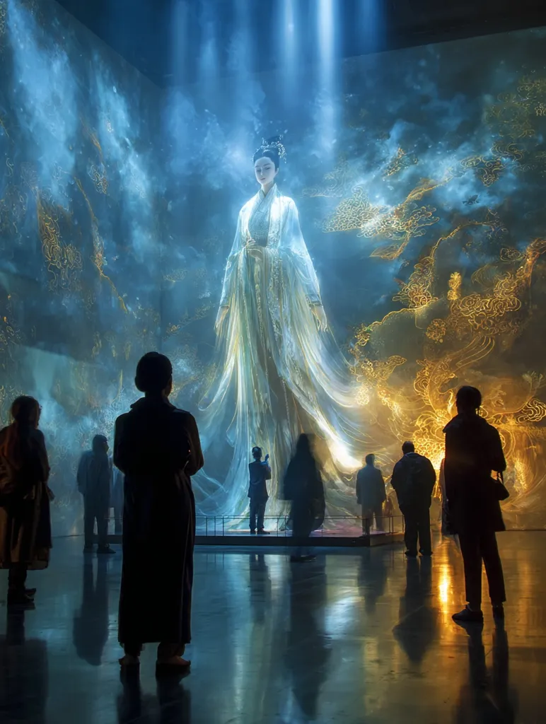 A large-scale projection displays a serene woman in flowing, ethereal robes against a backdrop of swirling celestial imagery.  Gold detailing accents the ethereal blue and white tones. A group of spectators stands silhouetted in the foreground, mesmerized by the captivating digital artwork filling the expansive wall. The scene evokes a sense of wonder and awe, blending art and technology in a captivating installation.