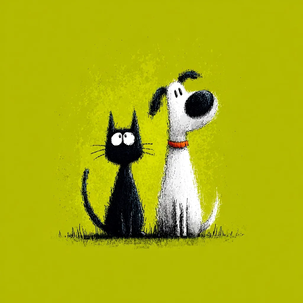 A whimsical illustration depicts a black cat and a white dog sitting side-by-side against a lime green background.  The cat, with large, expressive eyes, is positioned to the left, while the dog, wearing a red collar, sits slightly to the right.  Both animals are stylized with simple, textured lines, giving them a charmingly cartoonish appearance.  They appear to be looking towards something beyond the frame, creating a sense of curiosity and companionship.