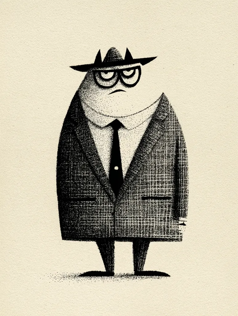 A stylized illustration of a stout, grumpy-looking man in a suit and fedora.  The monochromatic image uses stippling to create texture and shadow, giving the character a retro, almost noir feel. He has a serious expression, his features exaggerated for comedic effect. The overall style is simple yet expressive, hinting at a character with a strong personality.