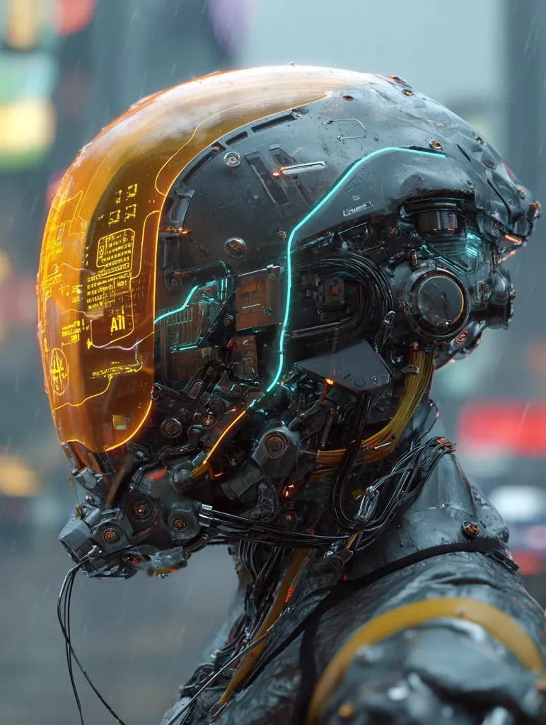 A futuristic robot, possibly a cyborg, stands in the rain. Its head is encased in a complex, amber-tinted helmet with glowing turquoise wiring and intricate mechanical details.  The helmet's visor displays digital information, and the robot's dark, wet suit suggests a cyberpunk or dystopian setting.  The image is highly detailed, showcasing the advanced technology of the character.