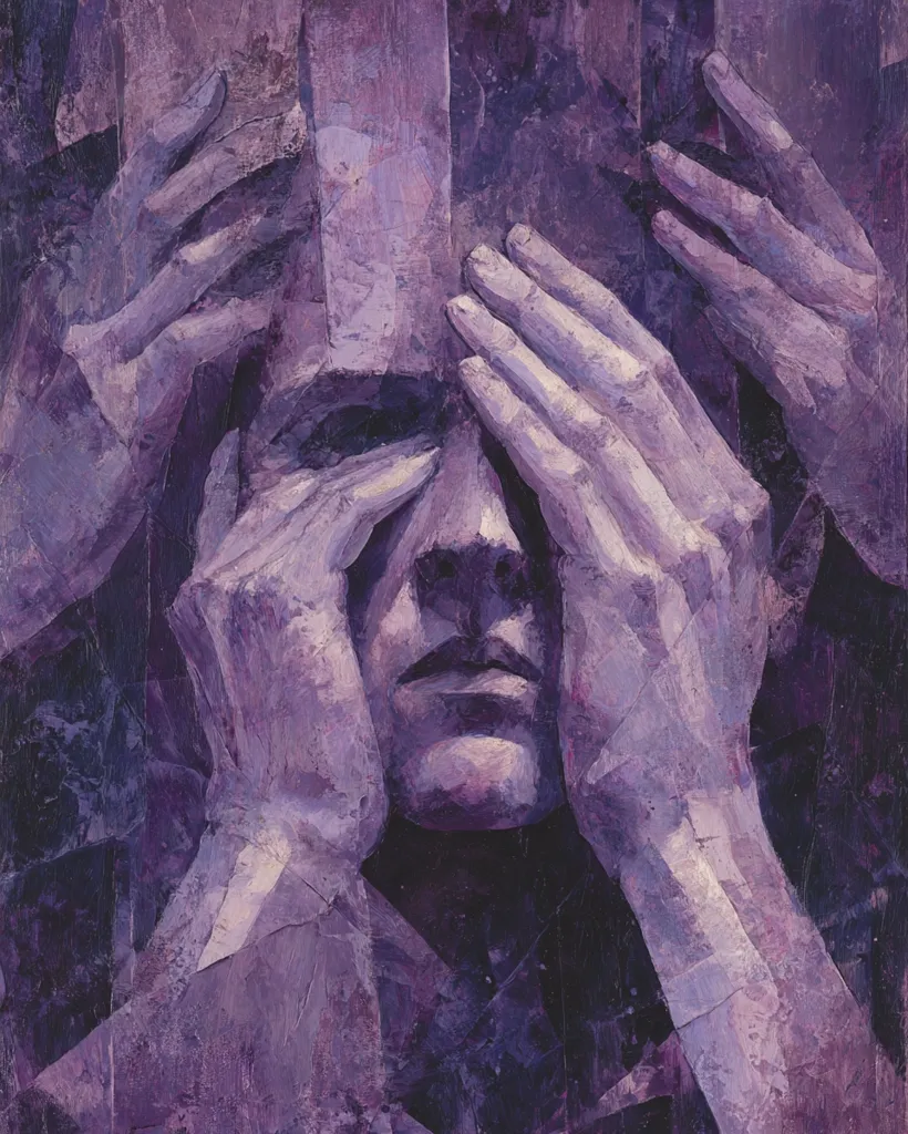 A monochromatic purple painting depicts a figure's face obscured by numerous hands covering their eyes. The hands, rendered in thick, impasto style, suggest a sense of confinement or despair. The face, partially visible, shows a solemn expression. The overall effect is one of emotional distress and isolation, emphasized by the dark, brooding palette.  The painting’s style is expressive and textured, conveying a powerful emotional weight.