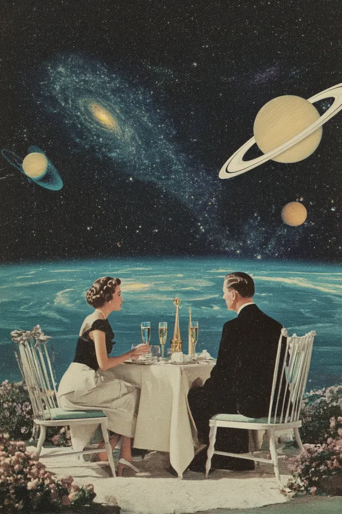 A collage depicts a romantic dinner for two, set against a breathtaking cosmic backdrop.  A man and woman in mid-century attire are seated at a table overlooking a swirling blue planet, with a galaxy and planets visible in the dark sky above.  The scene is surreal and evocative, combining elements of vintage style with fantastical space imagery.  Champagne glasses sit on the table, adding to the elegant and otherworldly atmosphere.
