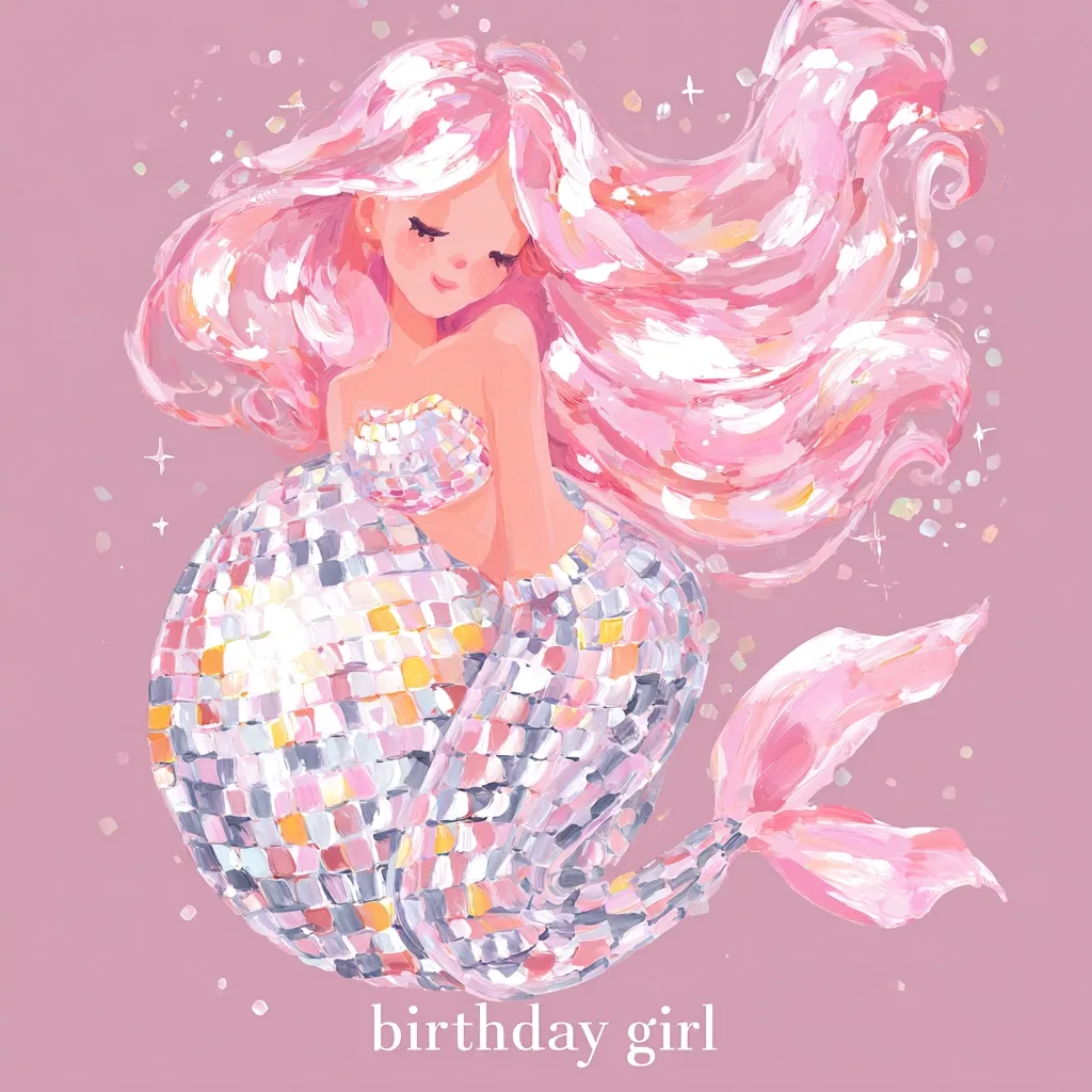 A whimsical illustration of a mermaid with flowing pink hair and a shimmering disco ball-like tail.  Her gentle expression and pastel colors create a sweet and celebratory feel. The words "birthday girl" are subtly placed at the bottom, suggesting a birthday card design. The overall style is painterly and soft, evoking a sense of magic and fun.