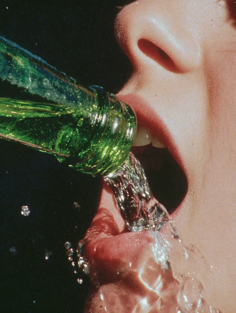 Close-up view of a person drinking directly from a green glass bottle.  Liquid pours from the bottle into their open mouth, splashing and creating a dynamic visual effect. The focus is on the mouth and the liquid, emphasizing the act of drinking. The background is dark and blurred, drawing attention to the central action. The image has a slightly grainy texture, suggesting it may be from film or a vintage photograph.