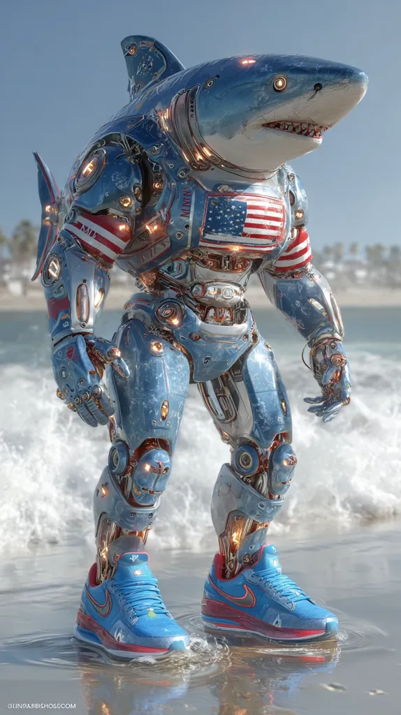 A digital rendering depicts a robotic shark wearing Nike sneakers.  The shark-bot is predominantly blue and metallic, with visible internal mechanics.  An American flag is displayed prominently on its chest. It stands on a sandy beach with ocean waves lapping at its feet, creating a striking juxtaposition of futuristic technology and natural scenery. The image is highly detailed and visually impressive.