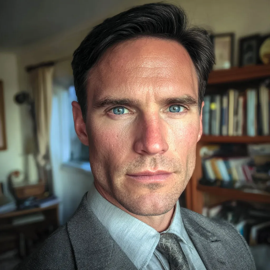 Close-up portrait of a man with short dark hair and intense blue eyes.  He's wearing a gray suit jacket over a light blue shirt and a patterned tie.  The background is blurred but shows a home interior with bookshelves filled with books, suggesting a study or library setting.  His expression is serious and direct.