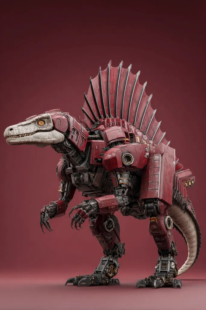 A detailed 3D rendering showcases a colossal robotic dinosaur, predominantly crimson with visible mechanical components.  Its design blends organic dinosaur features with intricate metallic plating and joints, suggesting a powerful and sophisticated machine. The creature's spiky sail and powerful stance convey a sense of both prehistoric might and futuristic technology.  The muted maroon background emphasizes the robot's imposing form.