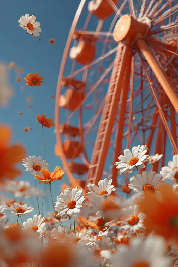 A vibrant image showcases a cheerful scene of white and orange daisies in the foreground, softly blurred, with a bright orange Ferris wheel as a backdrop against a clear blue sky.  The contrast of the delicate flowers and the bold Ferris wheel creates a playful, whimsical feel, suggesting a fun-filled day at an amusement park or carnival.  The image is bathed in natural sunlight, enhancing its overall bright and joyful mood.