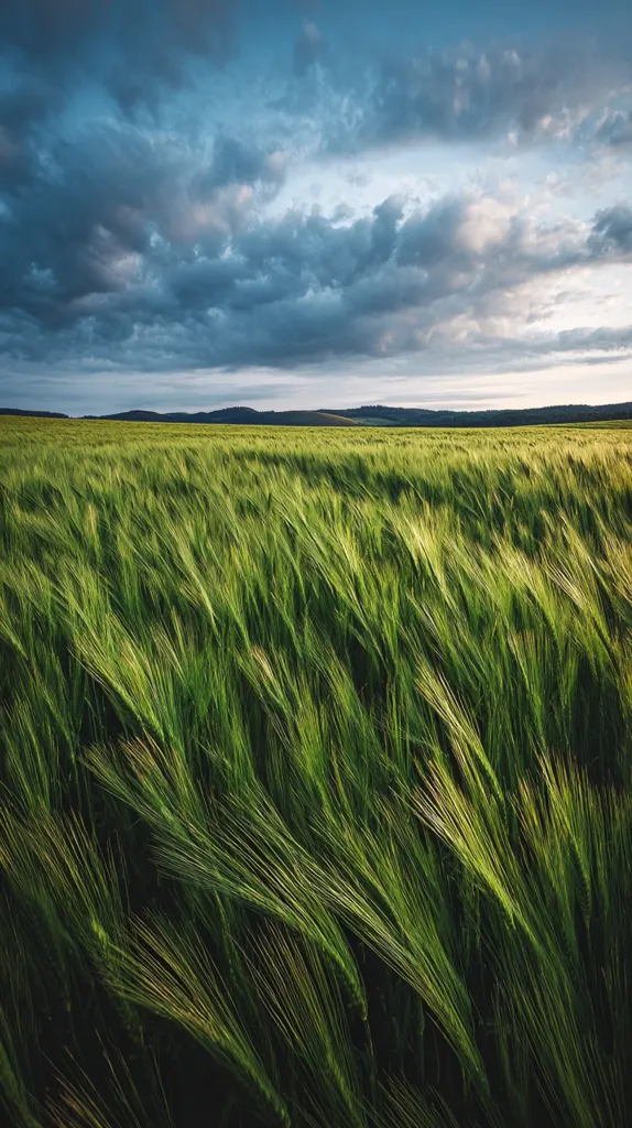 A vast field of vibrant green barley stretches to the horizon under a dramatic sky.  Dark, brooding clouds fill most of the frame, contrasting with the lighter, brighter clouds near the horizon.  The barley stalks gently sway, creating texture and movement against the imposing backdrop of the sky.  The overall mood is serene yet powerful.