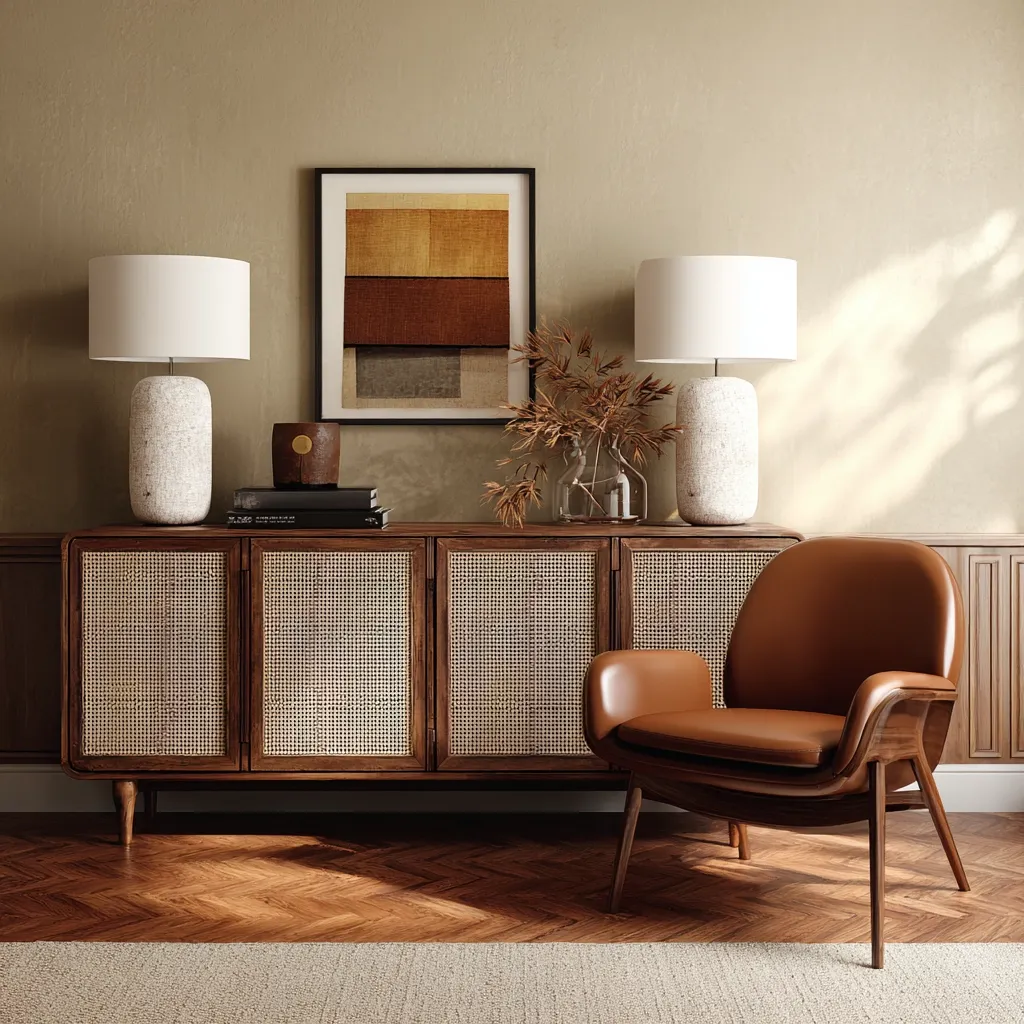 A mid-century modern living room features a rich brown wooden sideboard with cane panel doors, flanked by matching table lamps.  Above sits an abstract artwork. A brown leather armchair sits before the sideboard, adding to the room's warm and sophisticated aesthetic.  The herringbone hardwood floor complements the overall design.
