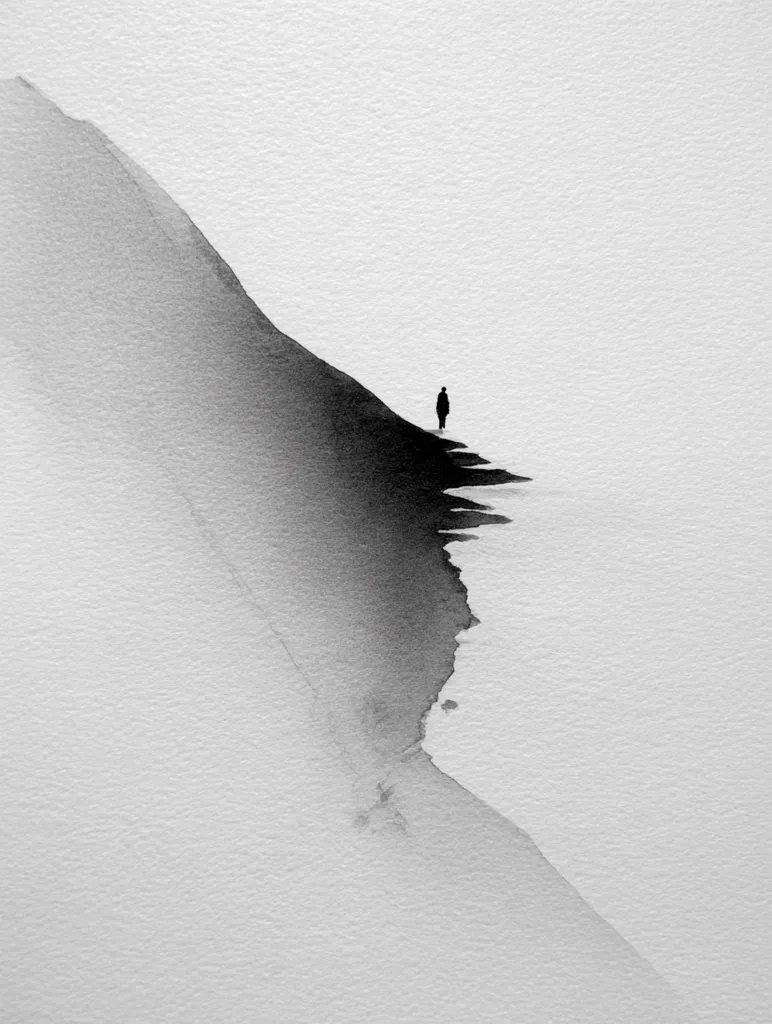 A minimalist watercolor painting depicts a solitary figure standing on a dark, sloping landmass against a light gray background.  The figure is small and black, emphasizing their isolation. The dark area suggests a mountain or cliff, rendered with subtle shading and texture. The overall effect is one of quiet solitude and contemplation.
