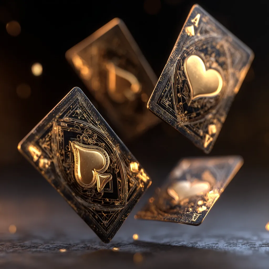 Three ornate playing cards, seemingly aces, float against a dark background.  Each card features a gold spade or heart intricately detailed on a black, metallic surface.  Golden light glints off the cards, creating a luxurious and dramatic effect.  The overall impression is one of opulence and high stakes.