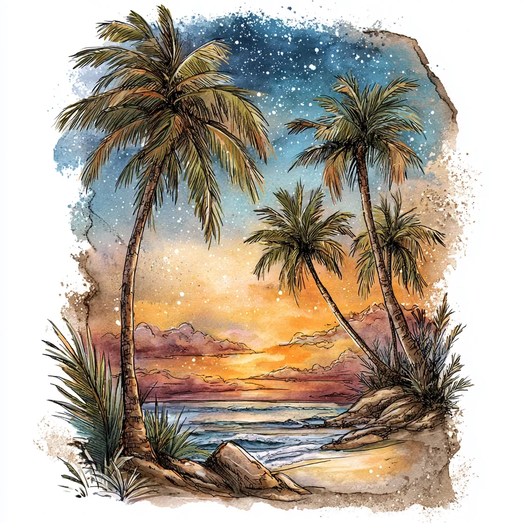 A watercolor and ink painting depicts a tranquil beach scene at sunset.  Tall palm trees frame a calm ocean with gentle waves lapping the shore.  The sky is a vibrant blend of oranges, purples, and blues, speckled with stars.  Rocks and lush vegetation add texture to the foreground, creating a serene and idyllic tropical paradise.