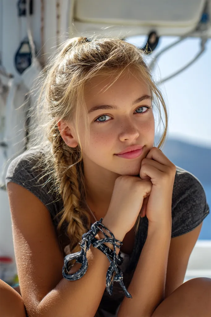 A blonde girl with a braid sits outdoors, her chin resting on her hands.  She wears a gray t-shirt and a braided bracelet.  Her blue eyes and fair skin are highlighted by sunlight. The background is blurred, showing a boat's interior.  She has a serene and peaceful expression.