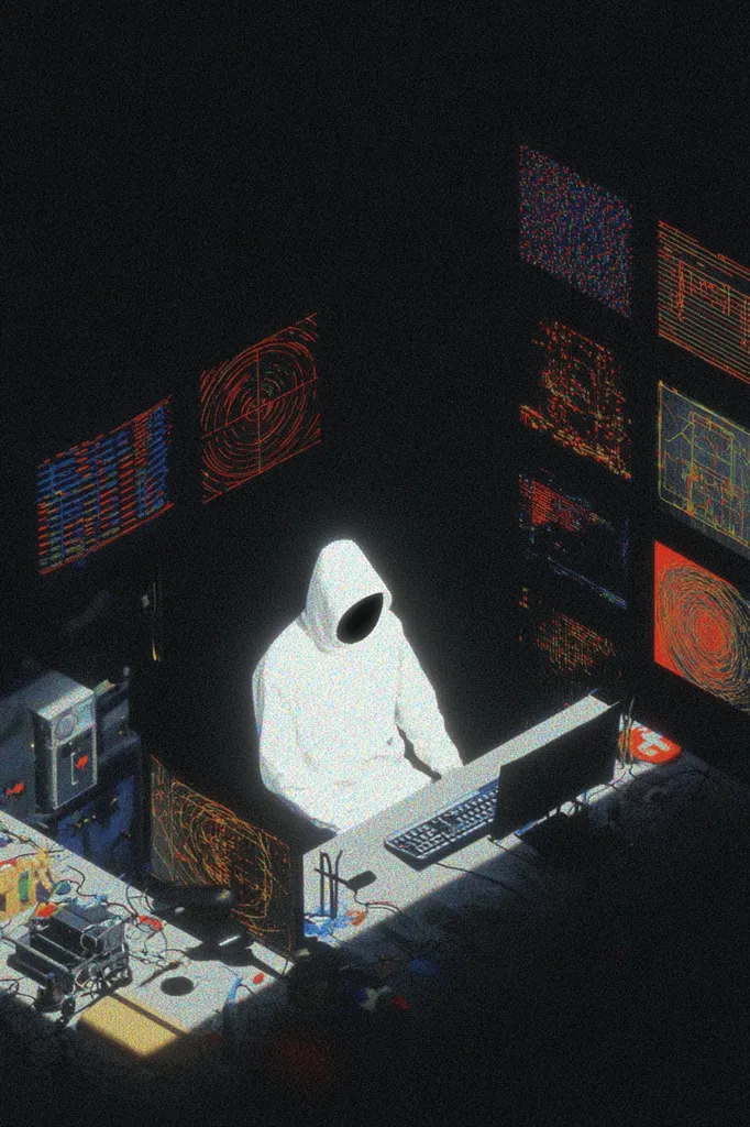 A hooded figure, cloaked in white, sits before a computer in a dimly lit room.  Surrounding them are numerous monitors displaying complex data streams and swirling patterns, suggesting a clandestine technological operation. The scene evokes a sense of mystery and technological prowess within a confined, shadowy space.  The overall aesthetic is dark, stylized, and hints at the world of hacking or digital espionage.