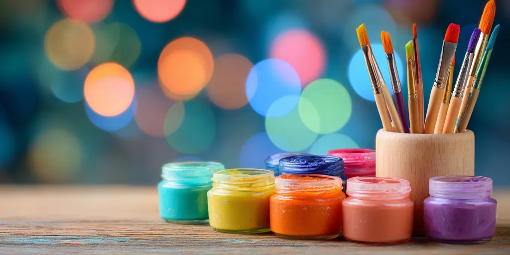 A wooden holder filled with paintbrushes sits beside several small jars of vibrant paint.  The paints are various bright colors including teal, yellow, orange, and purple. The background is blurred, featuring colorful bokeh lights, creating a cheerful and artistic atmosphere.  The scene is set on a rustic wooden surface.