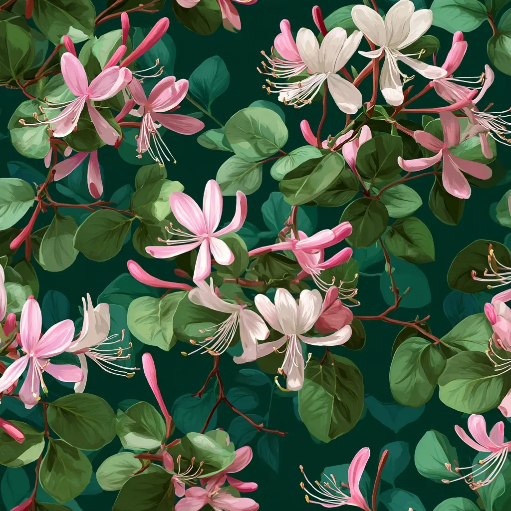 A vibrant seamless pattern showcases a profusion of pink and white honeysuckle flowers.  Lush green leaves form a backdrop, enhancing the blossoms' delicate beauty.  The illustration style is realistic, emphasizing the intricate details of the flowers and leaves against a deep teal background. The overall effect is one of abundant floral richness and elegance.