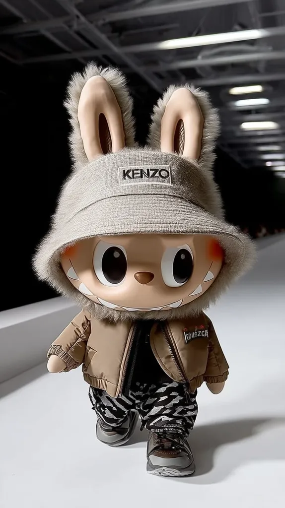 A stylish plush toy rabbit, dressed in a Kenzo bucket hat, brown puffer jacket, and patterned pants, struts down a runway.  Its large, expressive eyes and detailed features are highlighted against a minimalist background. The bunny's attire showcases a blend of playful and high-fashion elements, capturing a unique aesthetic.  The overall presentation suggests a fashion-forward design.