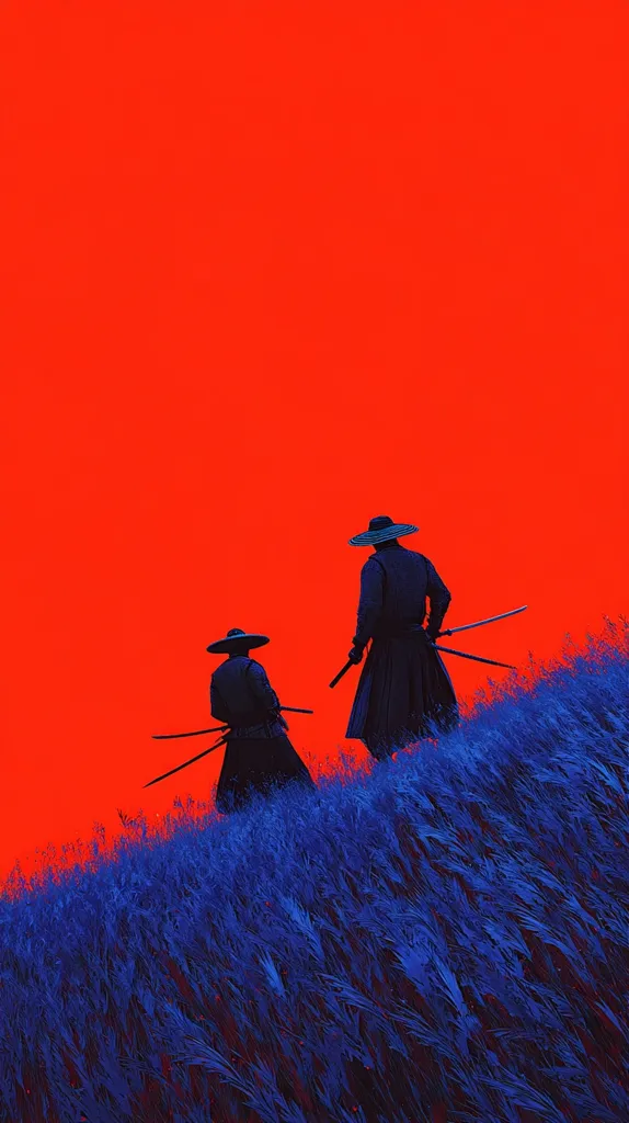 Two figures, silhouetted against a vibrant red sky, traverse a field of deep blue grass.  They wear wide-brimmed hats and traditional Japanese clothing, each carrying a katana.  The stark contrast of colors and the minimalist style create a dramatic and mysterious scene.  Their journey across the field suggests a sense of purpose or adventure.