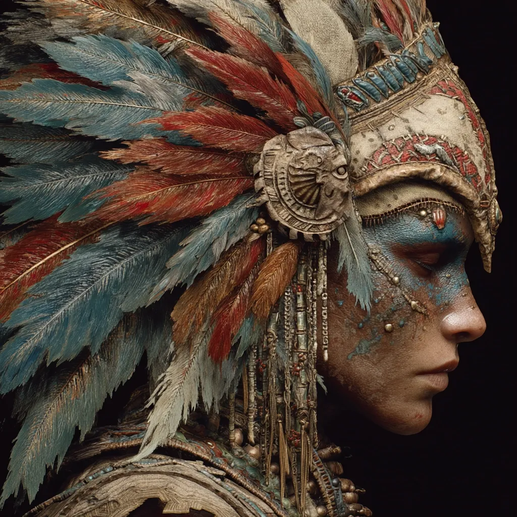 A close-up profile view of a stylized female figure adorned in an elaborate headdress. The headdress is composed of intricately woven materials, feathers in hues of teal, red, and brown, and ornate metallic accents.  Her face is painted with earthy tones and blue accents, enhancing the mystical and tribal aesthetic. The overall image evokes a sense of ancient culture and power.