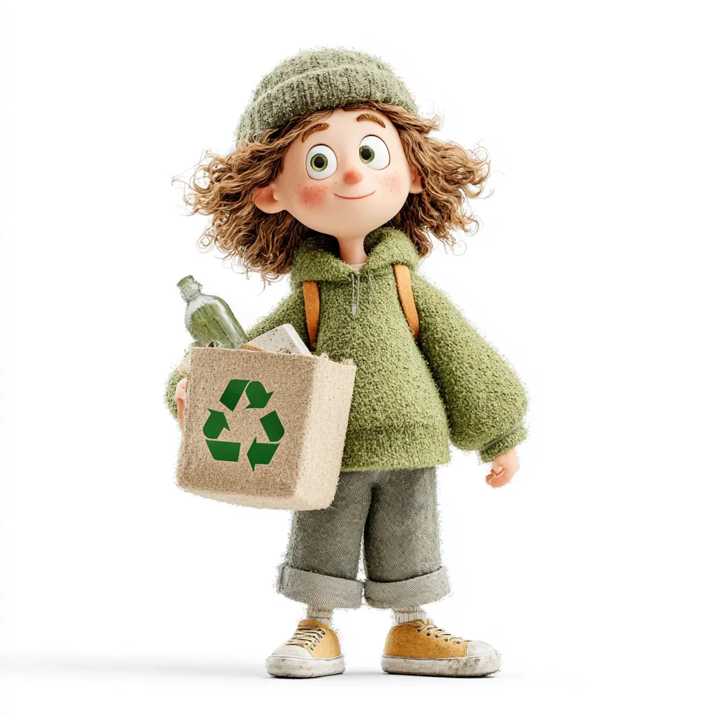 A charming 3D-rendered cartoon child, sporting a green hoodie, beanie, and backpack, holds a box marked with a recycling symbol. The box contains various recyclable items like a glass bottle and pieces of concrete.  The child's joyful expression promotes a positive message about environmental responsibility and recycling.  The overall style is whimsical and engaging.