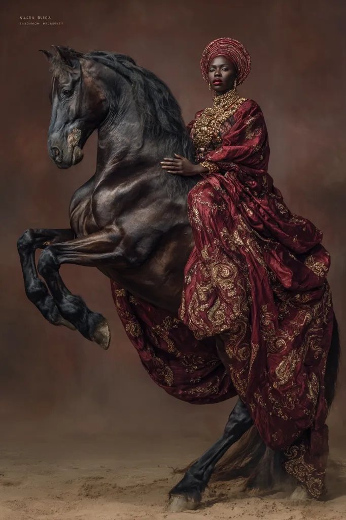 A regal Black woman, adorned in a rich burgundy gown embroidered with gold, sits majestically atop a rearing black stallion.  Her elaborate headwrap and gold jewelry complement the opulent attire. The dramatic lighting and rich textures create a powerful image evoking themes of power, grace, and elegance. The scene is set against a muted brown backdrop, enhancing the vibrancy of the subject.