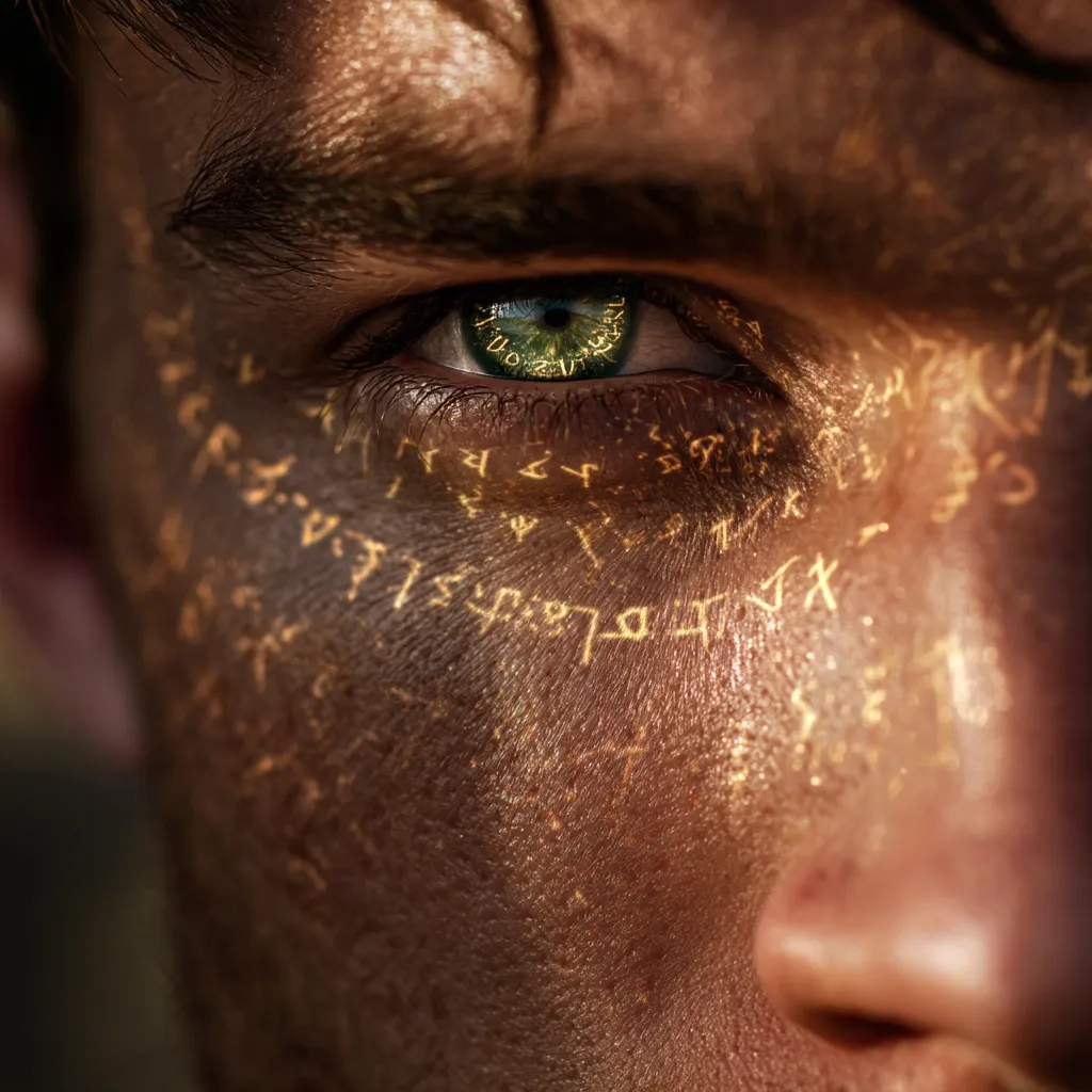 Close-up of a person's eye and face, partially obscured by shadow.  The skin is tanned and textured, with golden, rune-like symbols etched across the cheek and under the eye. The person's gaze is intense, their green eye prominent against the darker tones. The image evokes a mystical or magical feel, suggesting ancient lore or hidden knowledge.