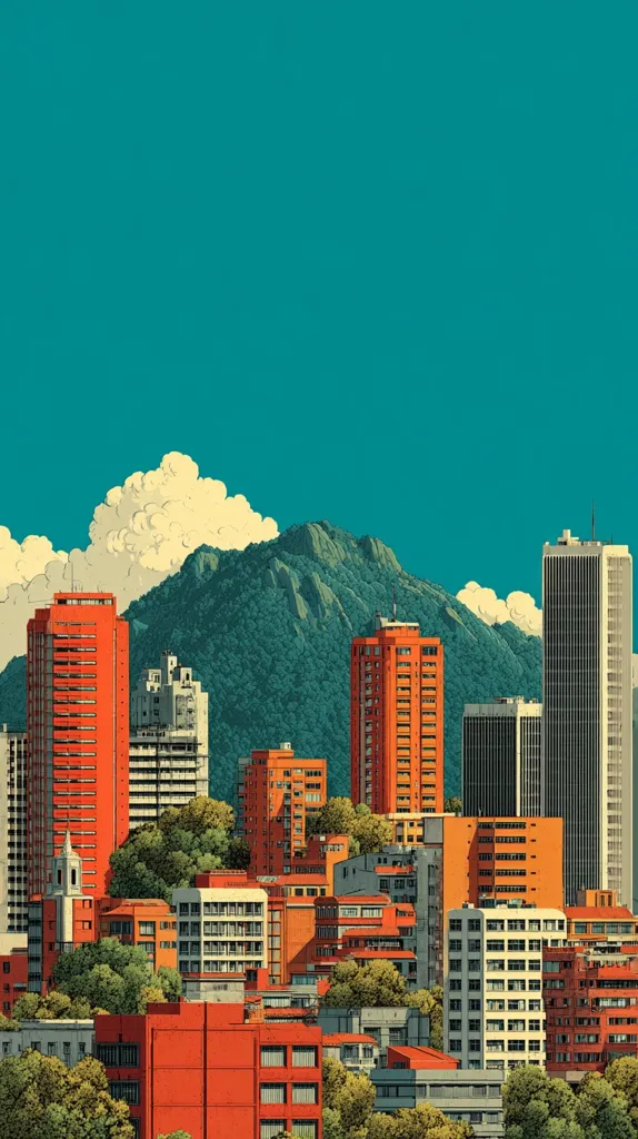 A vibrant cityscape nestled against a lush green mountain under a teal sky.  Orange and beige buildings of varying heights create a dense urban texture, punctuated by trees and glimpses of sky. A tall skyscraper stands prominently to the right. The overall style is reminiscent of a stylized illustration or graphic design, with bold colors and clean lines.  The scene suggests a warm, possibly tropical climate.