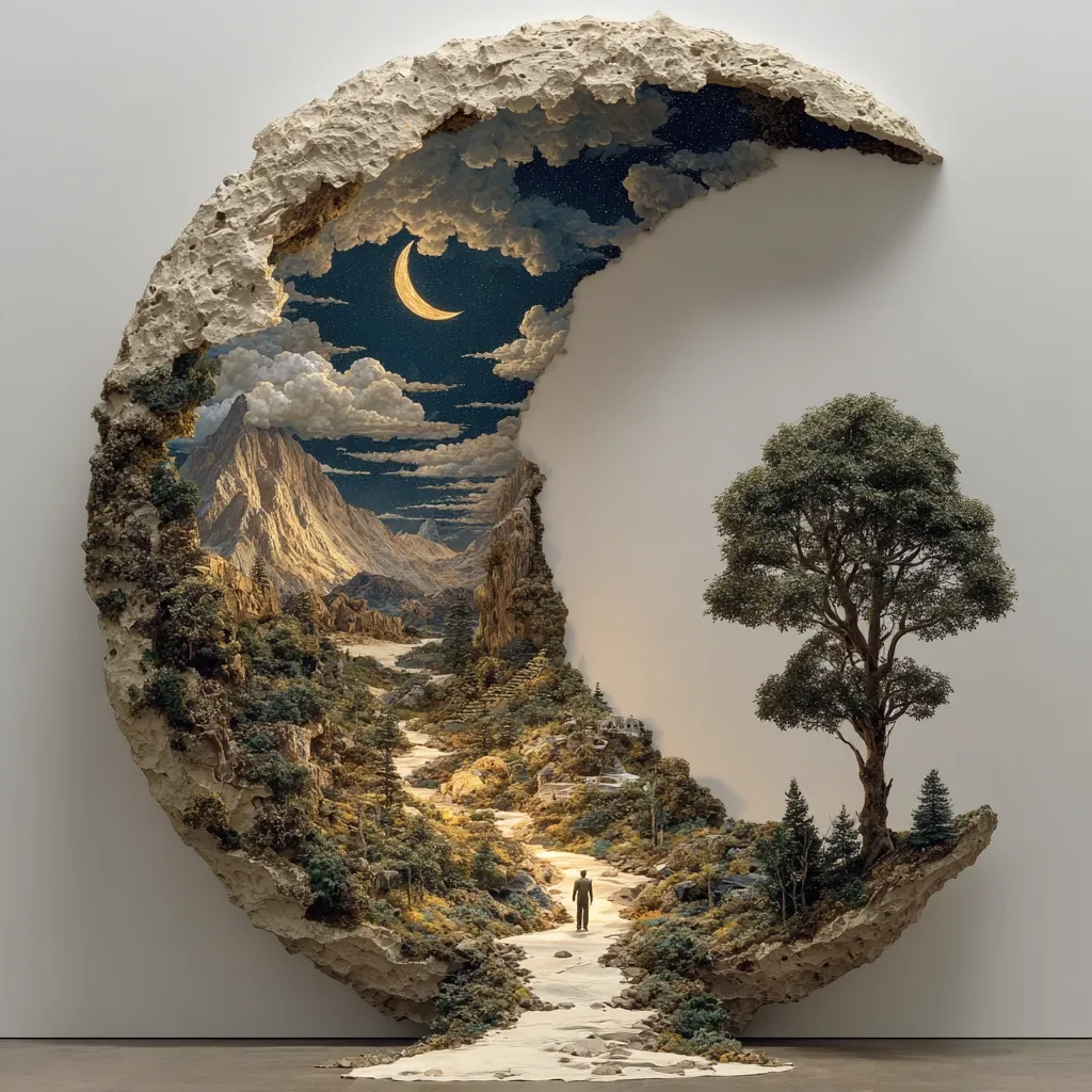 A crescent moon-shaped sculpture reveals a miniature landscape.  A winding path leads to a lone figure walking towards majestic mountains under a night sky with a crescent moon.  Lush vegetation and a solitary tree flank the path, creating a surreal and dreamlike scene within the sculpted form. The contrast between the rough texture of the sculpture and the detailed miniature world inside is striking.