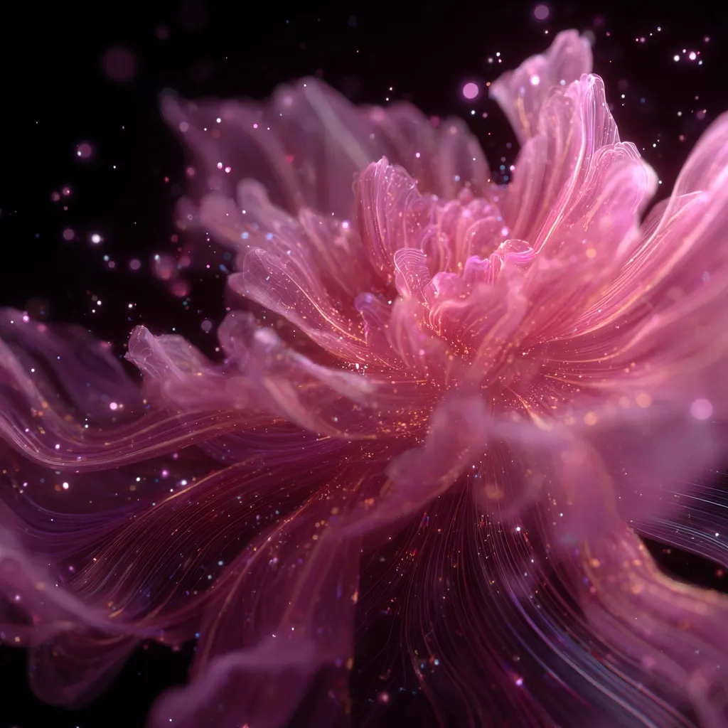 A close-up of a digitally created, ethereal pink flower.  Its delicate, translucent petals seem to shimmer with embedded glitter, creating a luminous effect against a dark background.  Tiny sparkles float around the bloom, adding to its magical, almost otherworldly quality.  The image evokes a feeling of fantasy and grace.