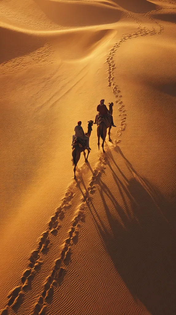 An aerial view captures two camels carrying riders across a sun-drenched desert landscape.  The camels' footprints create a distinct path across the undulating sand dunes, casting long shadows in the golden light. The scene evokes a sense of journey and solitude in the vast, arid expanse. The warm hues of the sand and the silhouettes of the figures contribute to the image's dramatic effect.