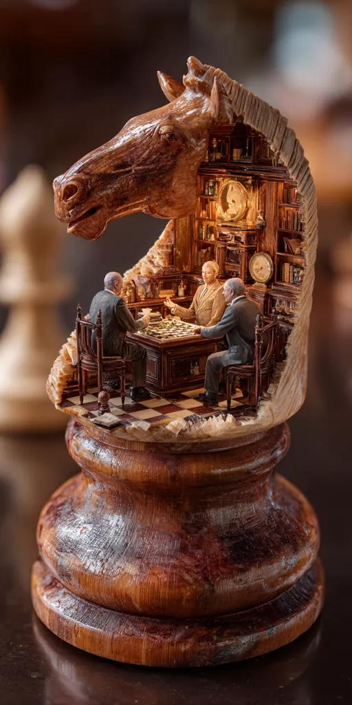 A meticulously crafted chess knight piece forms a miniature world.  Inside its carved body, a study reveals three men seated around a chessboard, engaged in a game. The detailed interior, complete with bookshelves and a clock, enhances the intricate artistry of this unique piece. The warm, rich tones of the wood create a captivating scene.