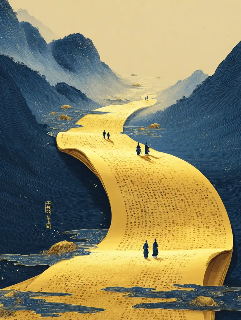 A surreal landscape unfolds, depicted as a giant, open book forming a path between majestic, ink-wash mountains.  Tiny figures, dressed in traditional attire, traverse this literary waterway, their journey symbolizing the exploration of knowledge and wisdom. The book's pages are filled with dense, ancient-looking script, hinting at a vast and rich history.  The scene is serene and mystical, blending natural beauty with the power of storytelling.