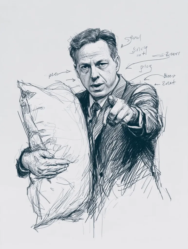 A detailed pencil sketch depicts a man in a suit, holding a large pillow.  His expression is serious, and he points directly at the viewer.  The sketch style is expressive, with visible shading and cross-hatching.  Annotation around the figure suggests a work in progress, possibly indicating labels for facial features or clothing details.  The overall tone is intense and dramatic.